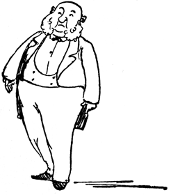 The butler, balding and portly, stands in formal dress with hands behind his back.