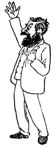 A bearded man in a suit rises with one hand raised, about to speak.