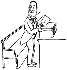 A man in a tailcoat reaches into an open box of official papers.