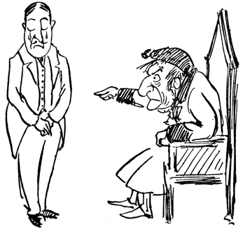 Lord Lundy stands downcast as his aged grandfather points at him from a chair.