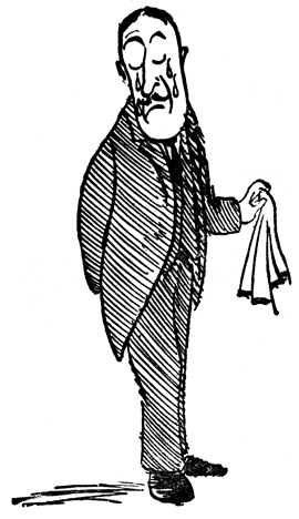 A grown Lord Lundy wipes tears from his eyes with a handkerchief.