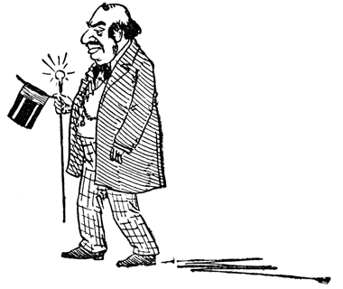 A dapper elderly gentleman strolls along, twirling his cane and top hat.