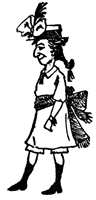 A woman in a plumed hat and apron strides along carrying a broom.