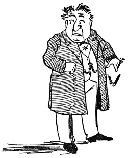 Uncle Jacob, monocle raised, recoils in startled surprise, cigar in hand.