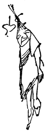 A lean, sketchy figure stands with a raised hand and a squiggle above its head.
