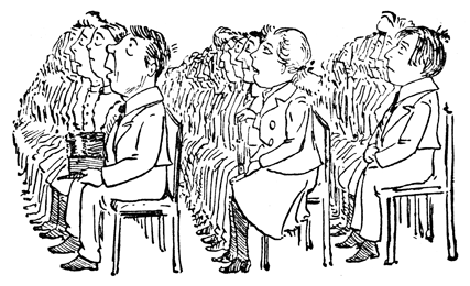 Rows of children sit solemnly, listening to a cautionary sermon.