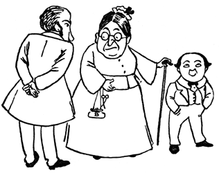 George's grandmother leans on her cane, flanked by a bowing man and George.