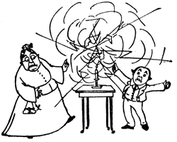 A balloon bursts in sparks on a table as George and his grandmother recoil.