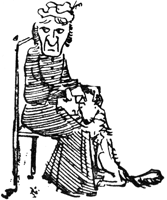 An elderly woman sits slumped in a chair, cradling a small dog.