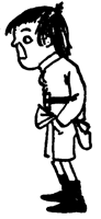 Little Fred stands alone in a smock, hands clasped behind his back.