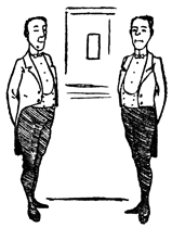 Two identical footmen stand at attention on either side of a door.