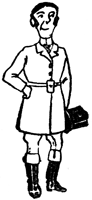 A groom in riding boots and a long coat stands holding a small bag.