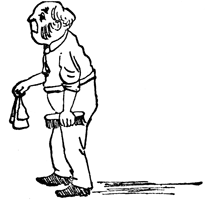 A bald man in an apron stoops over, a cloth hanging from his hand.