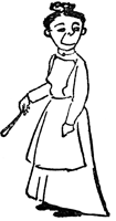 A smiling maid in uniform holds a small rolling pin, the Still-Room Maid.