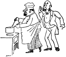 Monsieur Champignon the chef bends over a pot as a man shouts by his ear.