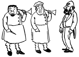 Two aproned cooks hold ear trumpets to their ears beside a bearded man.