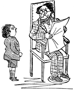 A boy stands attentively before an elderly man reading a newspaper in an armchair.