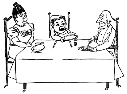 A boy reaches eagerly across a dinner table between a woman and a man serving food.