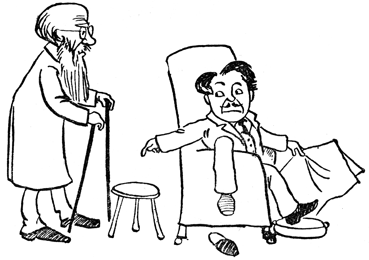 An old man leans on a cane beside another man reclining with his leg propped up.