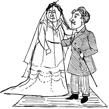 A groom arranges his bride Fifi's long veil as they stand together.