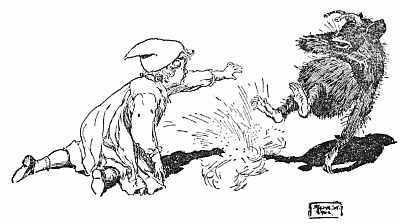 The Lamb reaches out to touch the startled, furry Psammead, who leaps back.