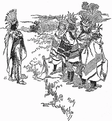 Golden Eagle, in a feathered headdress, faces three similarly dressed figures across a field.