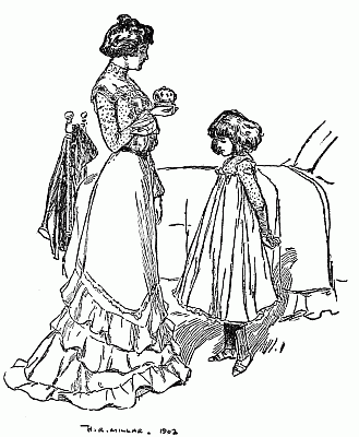 Mother holds a small round object as Jane, hands behind her back, listens nearby.