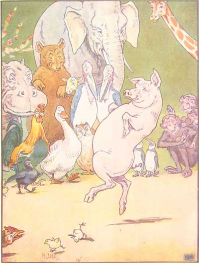 Elephant, hippo, bear, goose, monkeys and penguins gather as a pig dances a jig.