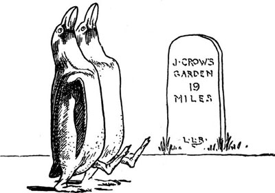 Two penguins stand before a milestone marker reading Johnny Crow's Garden, nineteen miles.