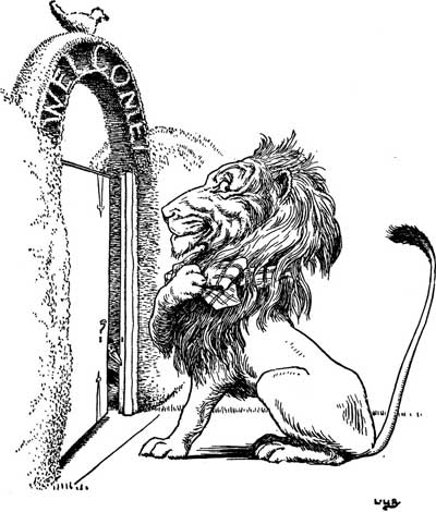 The lion sits outside a garden archway with 'Welcome' carved above the gate.