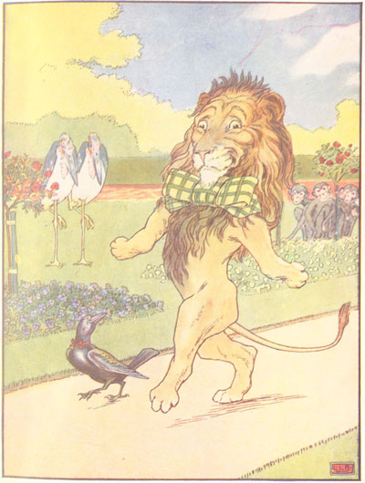 The Lion struts past Johnny Crow wearing a green and yellow checked bow tie.