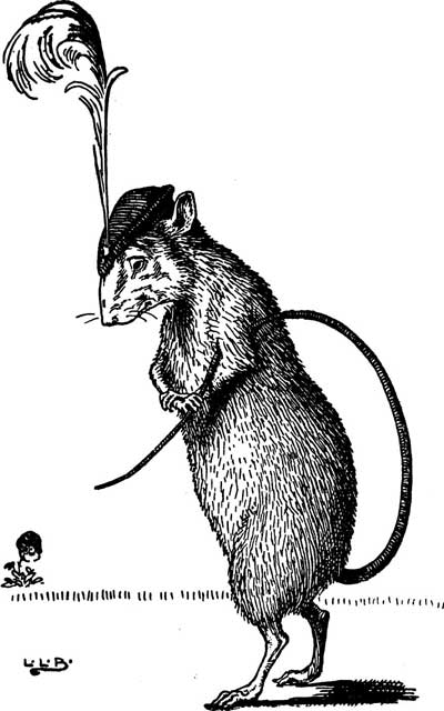 The rat struts along wearing a tall feathered hat and carrying a cane.
