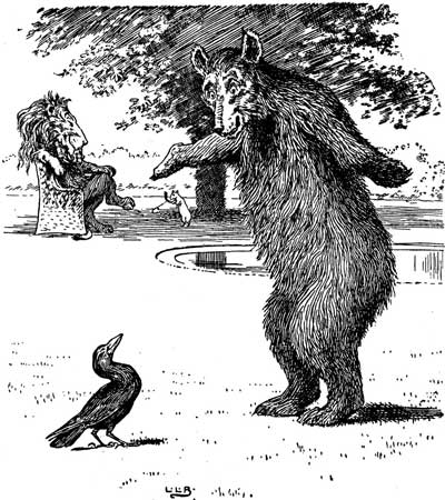 Johnny Crow watches as a bear gestures toward a lion resting in a garden chair.