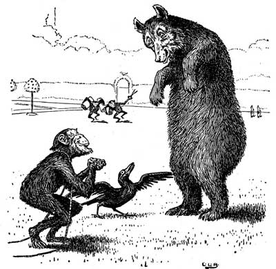 The ape measures a crane with his tape while the tall bear looms behind them.