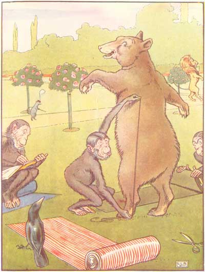 An ape measures the bear with a tape while other monkeys and a penguin watch.