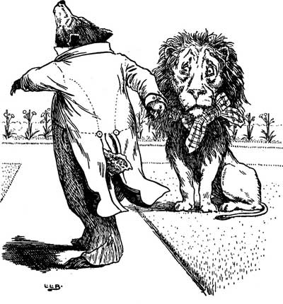 A coated tailor fits a green and yellow bow tie onto the seated lion.
