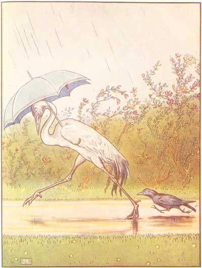 A crane holds an umbrella in the rain as Johnny Crow walks beside it.