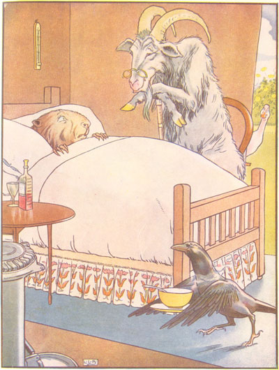 A goat in glasses leans over the beaver's bed while Johnny Crow waits with a bowl.