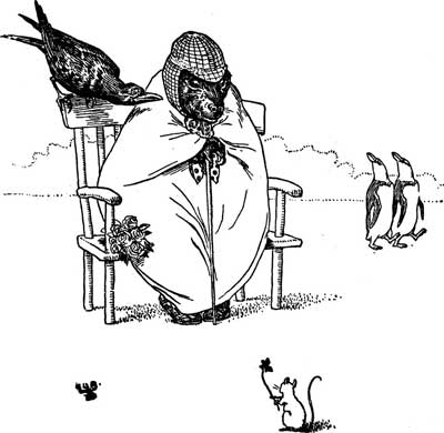The Elephant, wrapped in a bonnet and shawl, rocks in a chair as Johnny Crow watches.