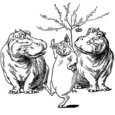 The Pig dances a jig between two large hippos under a blossoming tree.