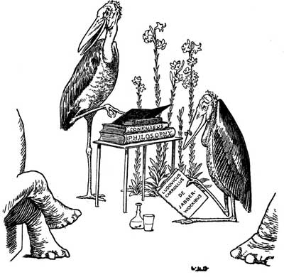Two storks read from books on a stand while a hippopotamus and elephant loom nearby.