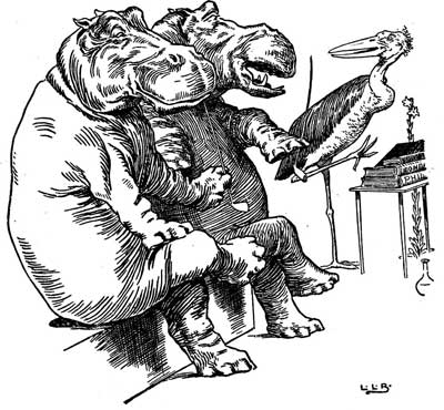 Two hippos sit listening as a stork lectures beside a stack of books.