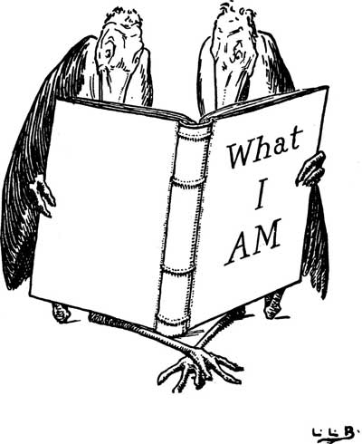 Two hooded, dark-robed birds read together from a large book titled 'What I Am.'