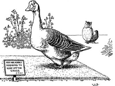 The Goose stands guard beside a sign reading 'Keep off the grass, J. Crow.'