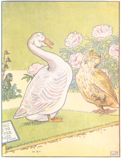 A goose and an owl stand together in a garden of pink roses.