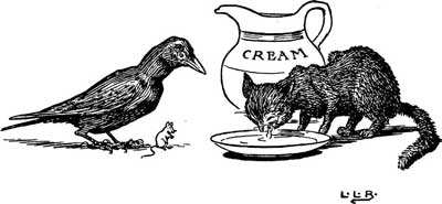 Johnny Crow and a mouse watch a cat lap cream from a saucer beside a jug.