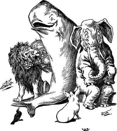 The whale tells a long tale while the lion, elephant, and a piglet listen.