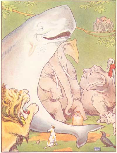 A huge whale, elephant, hippopotamus and lion gather with birds and a mouse under a tree.