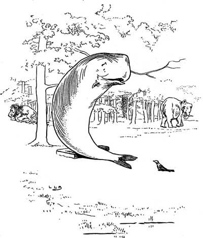 A whale leans against a wooden fence as a lion and elephant approach from a distance.