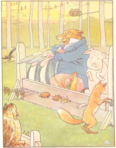A large fox in a blue coat guards a goose, pig and hen locked in stocks.